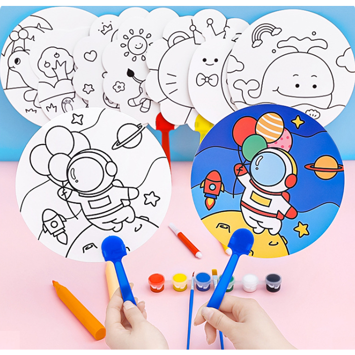 Quạt tô màu mẫu hoạt hình cho bé - quạt giấy cầm tay - quà tặng học sinh