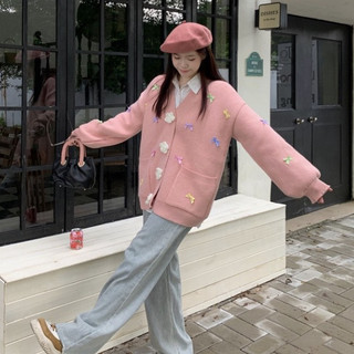 Áo khoác cardigan nữ len mềm đóng cúc có túi màu hồng tay dài cổ V dễ thương basic hàn quốc ulzzang DELIZ