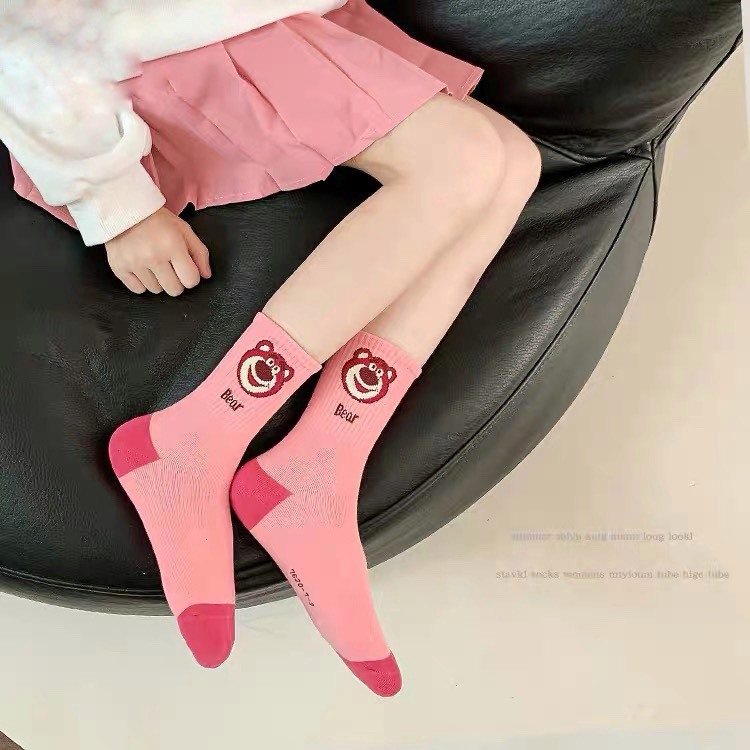 Set 5 Đôi Tất Gấu Dâu Hồng Cổ Cao Cho Bé Gái Siêu Hot TE14