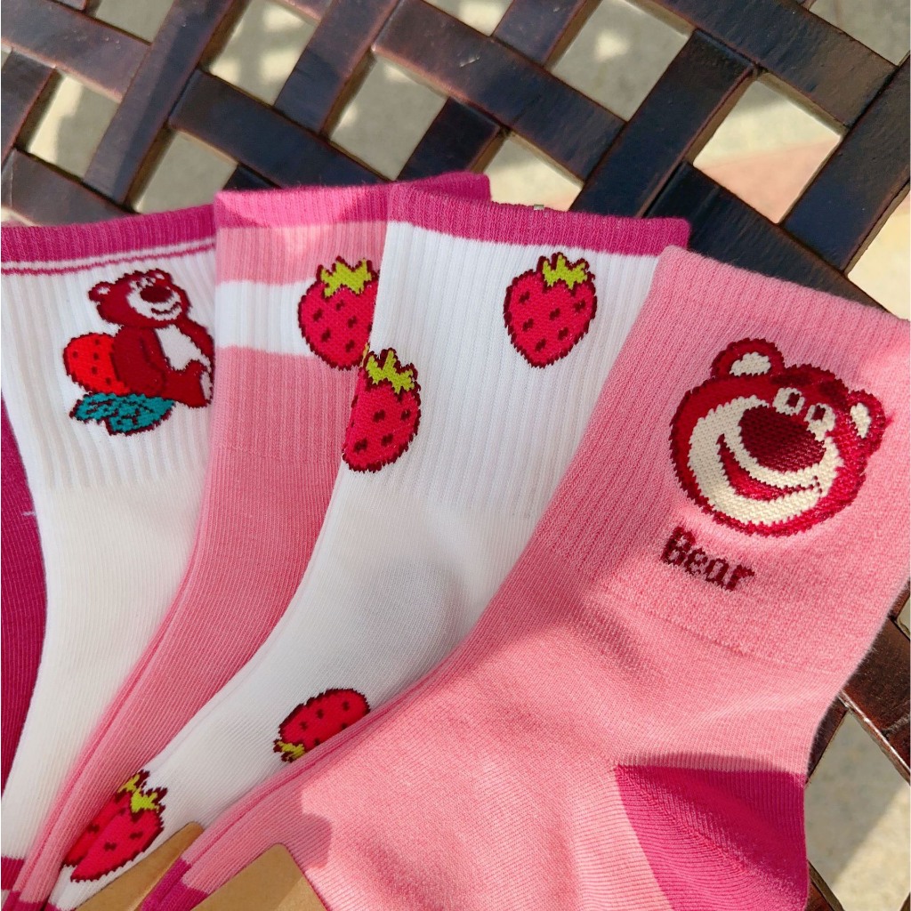 Set 5 Đôi Tất Gấu Dâu Hồng Cổ Cao Cho Bé Gái Siêu Hot TE14