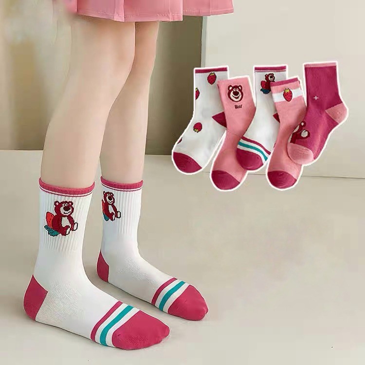 Set 5 Đôi Tất Gấu Dâu Hồng Cổ Cao Cho Bé Gái Siêu Hot TE14