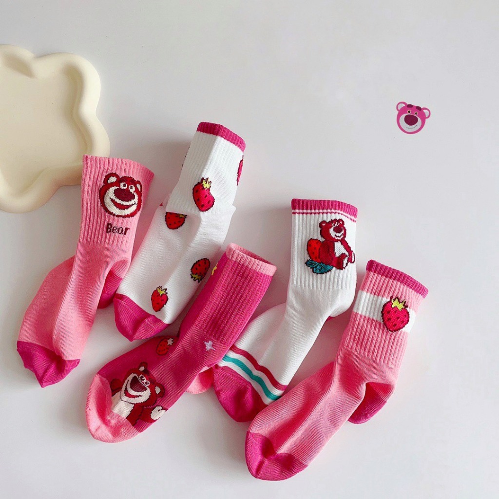 Set 5 Đôi Tất Gấu Dâu Hồng Cổ Cao Cho Các Bé Siêu Hot TE14
