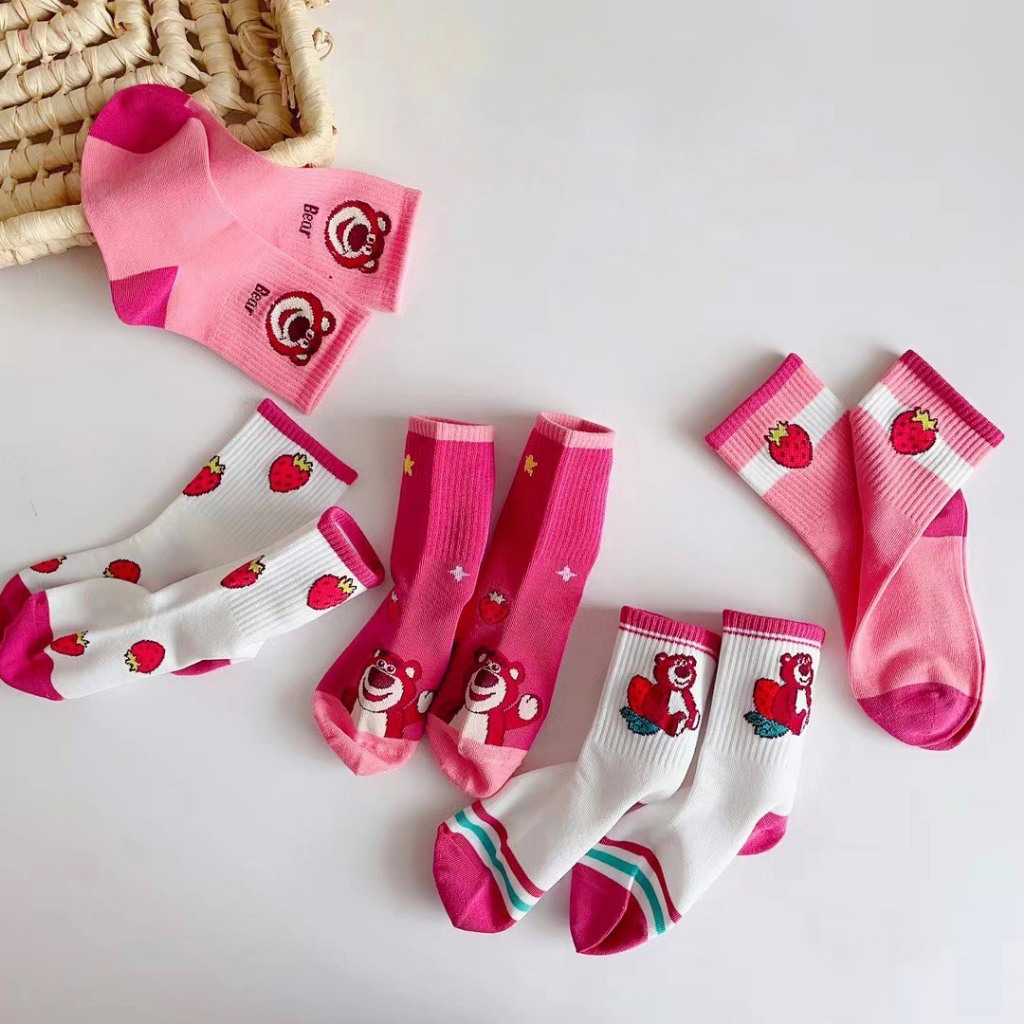 Set 5 Đôi Tất Gấu Dâu Hồng Cổ Cao Cho Các Bé Siêu Hot TE14