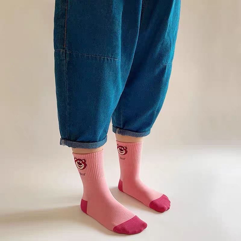 Set 5 Đôi Tất Gấu Dâu Hồng Cổ Cao Cho Các Bé Siêu Hot TE14