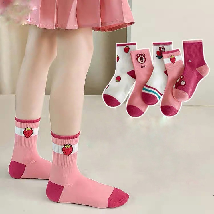 Set 5 Đôi Tất Gấu Dâu Hồng Cổ Cao Cho Các Bé Siêu Hot TE14