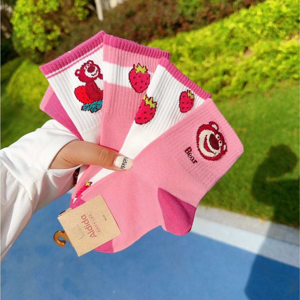 Set 5 Đôi Tất Gấu Dâu Hồng Cổ Cao Cho Bé Gái Siêu Hot TE14