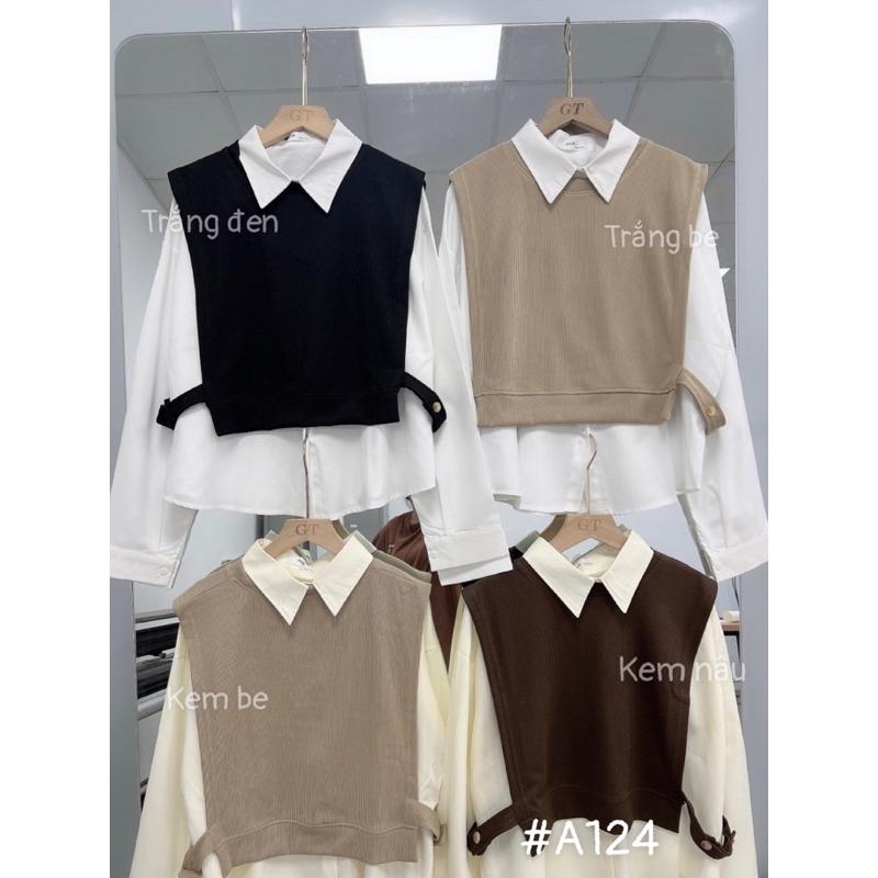 Set áo sơ mi kèm gile tăm cài cúc 2 bên