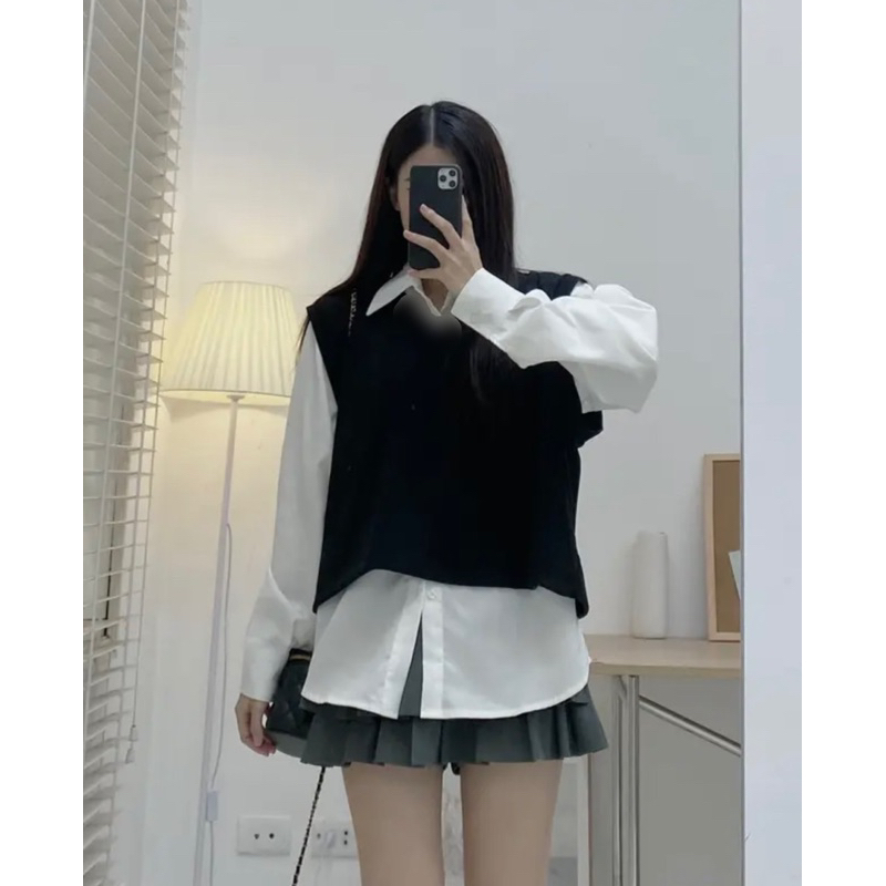 Set áo sơ mi kèm gile tăm cài cúc 2 bên