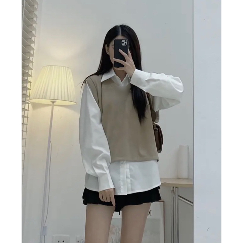 Set áo sơ mi kèm gile tăm cài cúc 2 bên