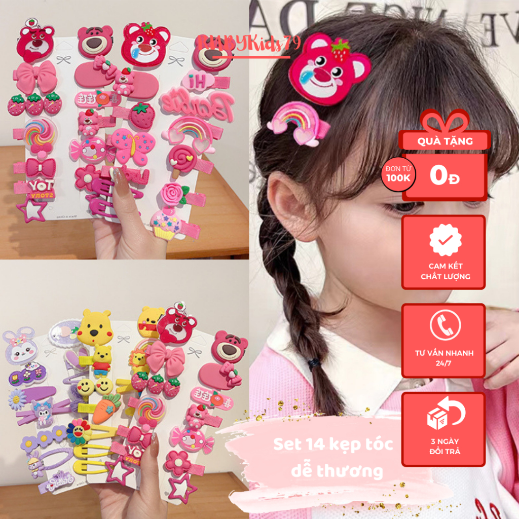 Set kẹp tóc cho bé gái hình gấu dâu gồm 14 kẹp xinh xắn - rubykids79