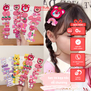 Kẹp tóc bé gái đáng yêu, Set kẹp tóc cho bé gái hình gấu dâu gồm 14 kẹp xinh xắn - rubykids79