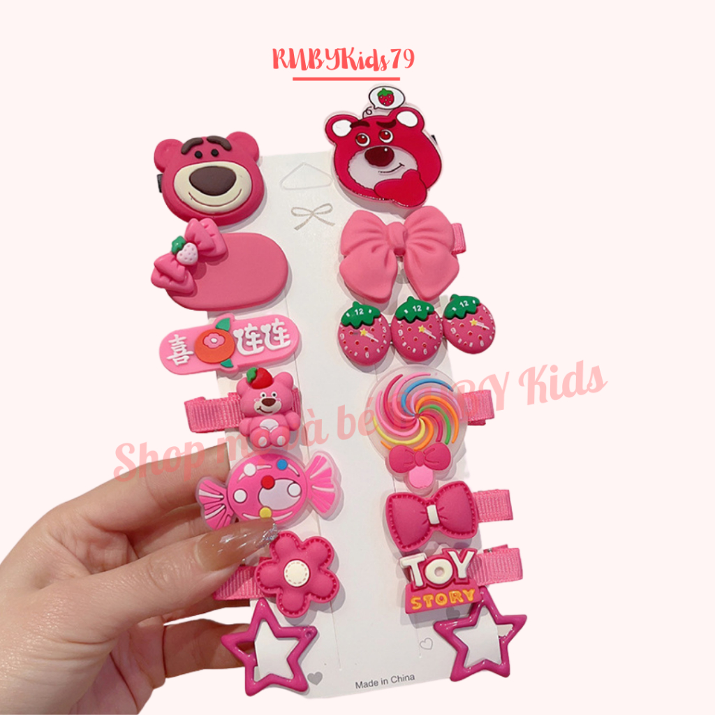 Set kẹp tóc cho bé gái hình gấu dâu gồm 14 kẹp xinh xắn - rubykids79
