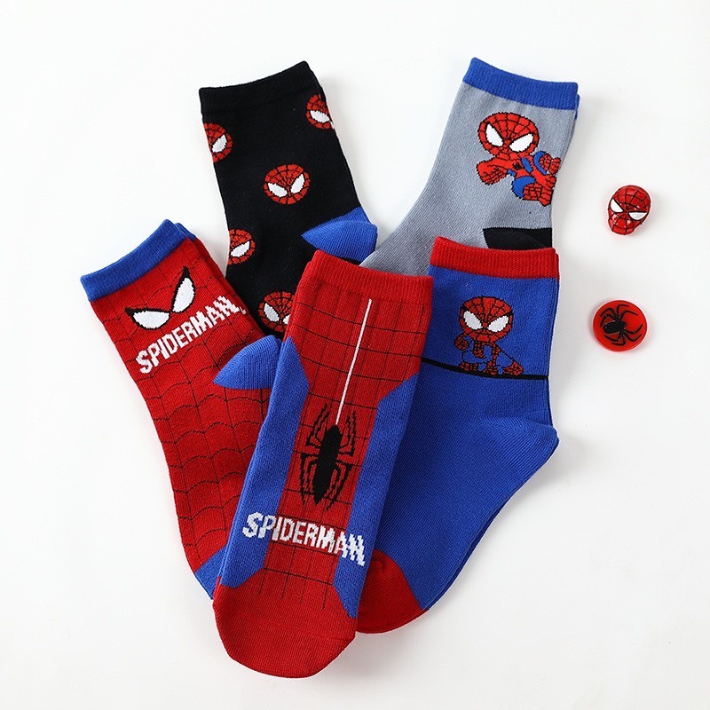 Set 5 Đôi Tất/ Vớ Hình Siêu Nhân Người Nhện Cổ Cao Bé Trai TE7