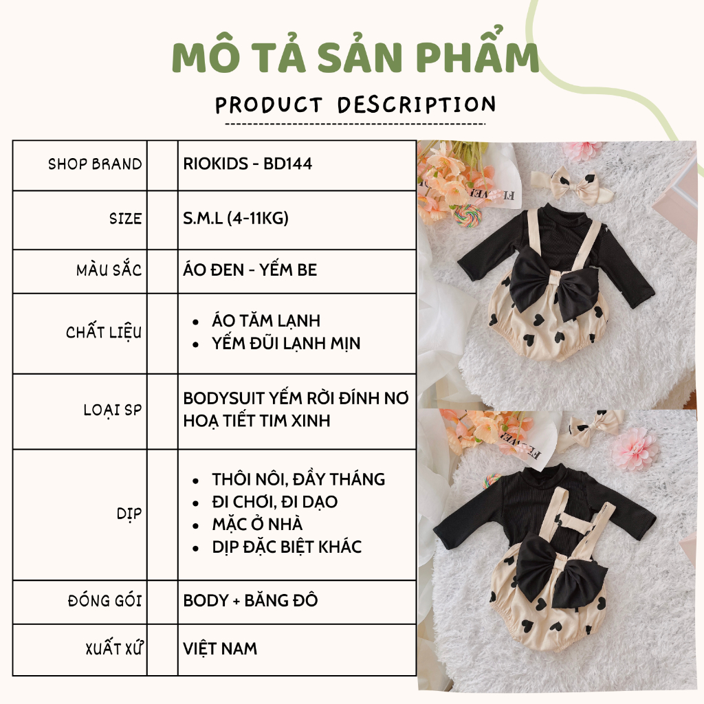 Bodysuit yếm rời RIOKIDS cho bé gái sơ sinh mặc đi chơi, thôi nôi, đầy tháng, Lễ Tết BD144