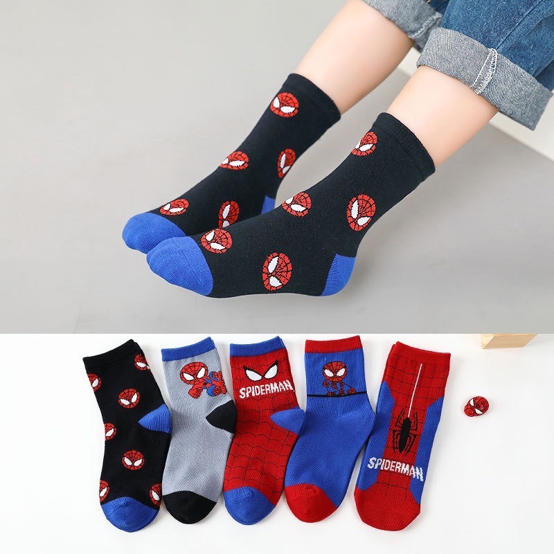 Set 5 Đôi Tất/ Vớ Hình Siêu Nhân Người Nhện Cổ Cao Bé Trai TE7