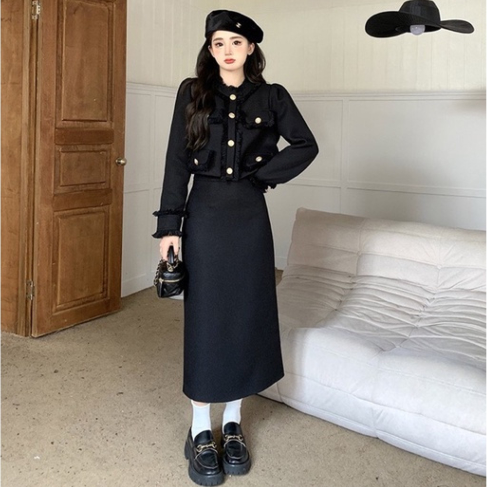 Set váy dạ - Áo khoác dạ kèm chân váy bút chì hack dáng che khuyết điểm, Thiết kế túi giả 4 nắp tua rua chất vải dạ QC