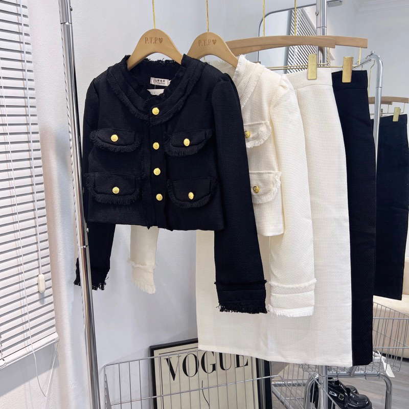 Set váy dạ - Áo khoác dạ kèm chân váy bút chì hack dáng che khuyết điểm, Thiết kế túi giả 4 nắp tua rua chất vải dạ QC