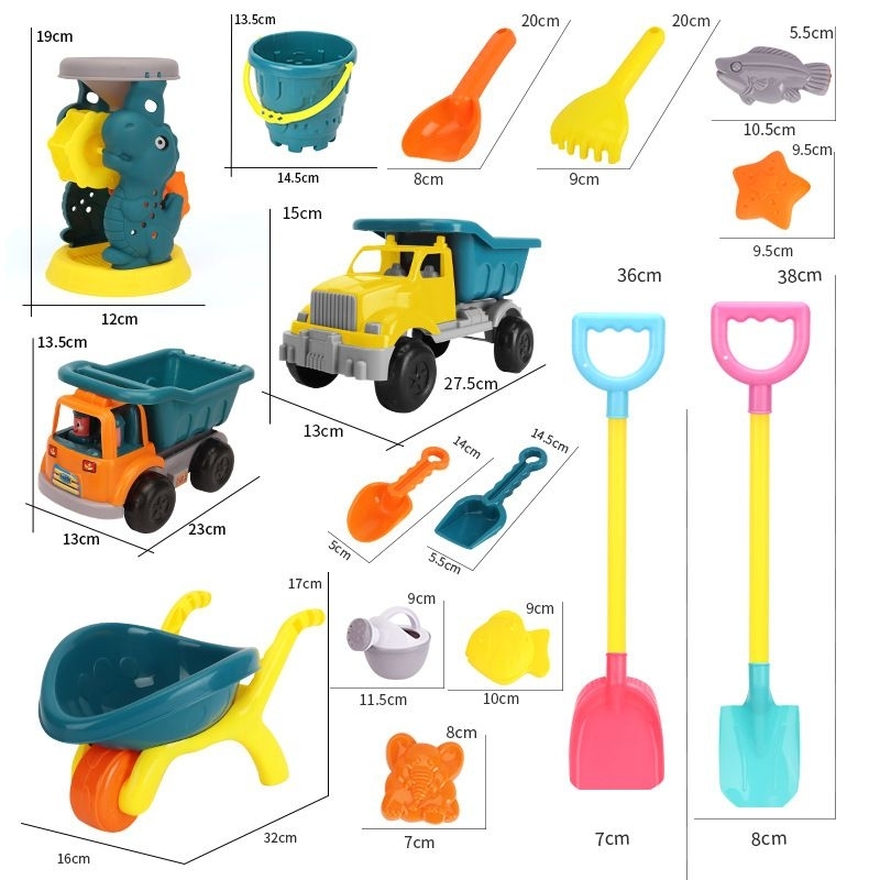 Bộ đồ chơi xúc cát cho bé gồm xe tải xúc cát, xe chở cát, xẻng, cào, câu cá, cua, xe rùa, đồ chơi cho bé đi biển mùa hè