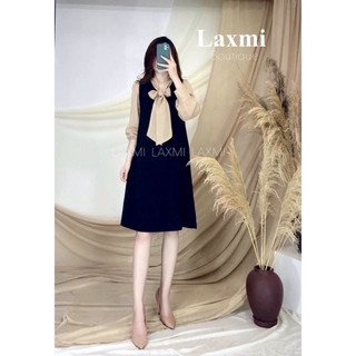 Váy bầu công sở cổ buộc nơ dài tay B07