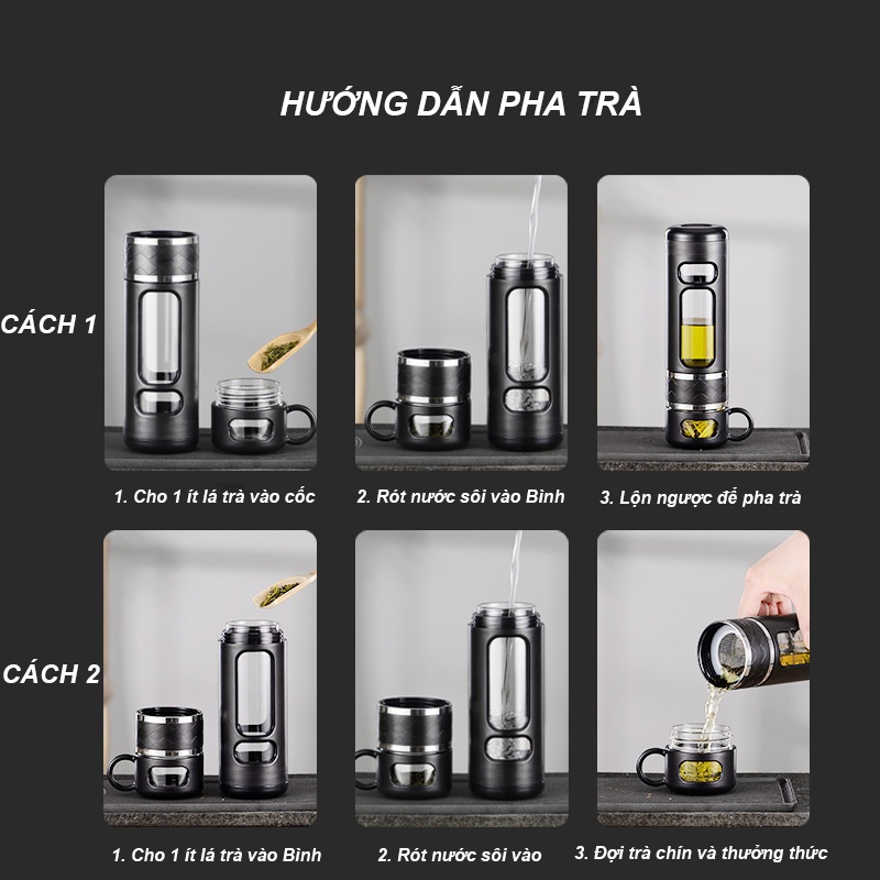 Bình pha trà thủy tinh 2 lớp BT-08, Bình pha trà kèm Cốc uống trà tiện lợi, Dung tích 520ml