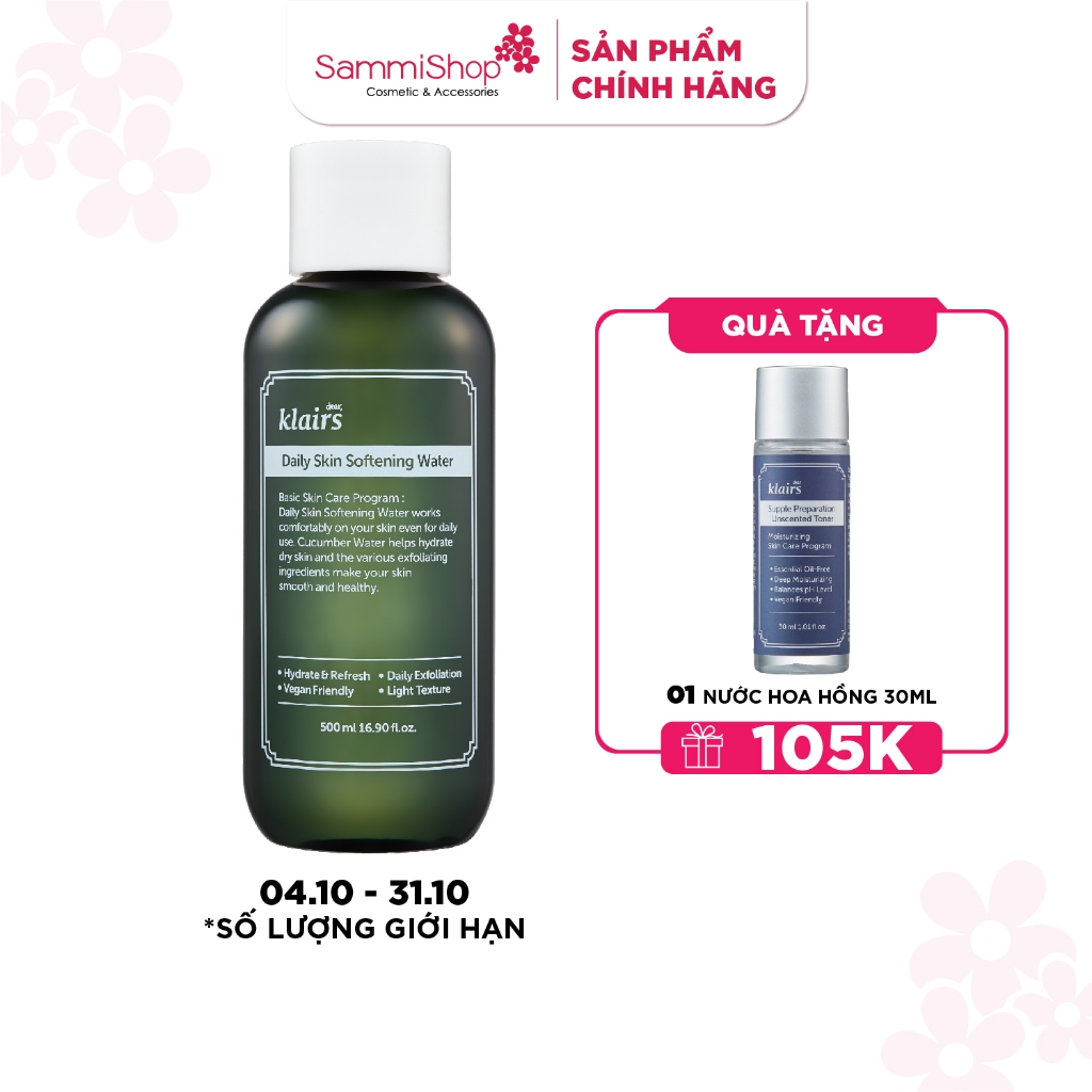Dear, Klairs Nước hoa hồng Daily Skin Softening Water 500ml