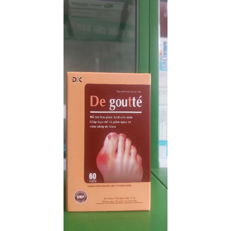 De goutte hỗ trợ làm giảm acid uric máu ,giúp hạn chế và giảm nguy cơ viêm khớp do Gout (lọ 60viên )