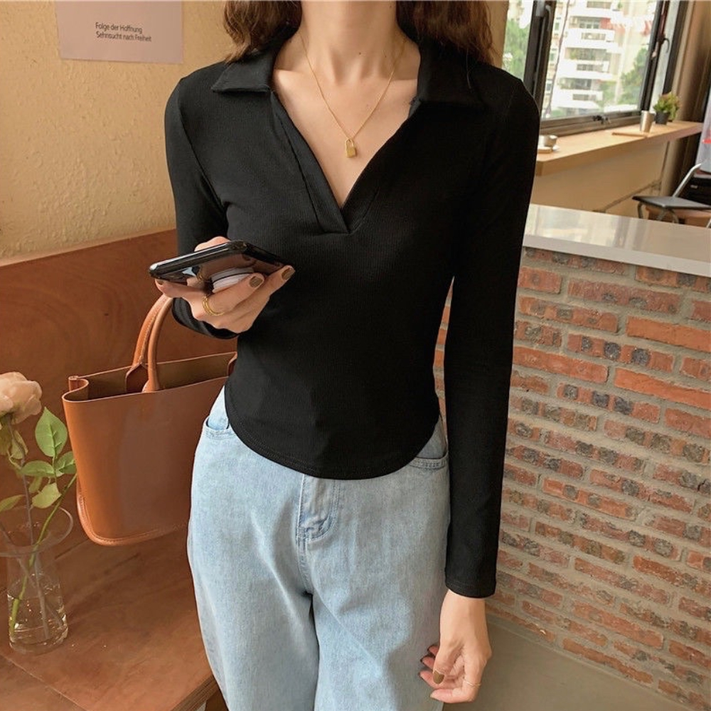 Áo thun Polo nữ tay dài dáng croptop vạt bầu chất vải thun mềm mại, áo thun trơn siêu dễ phối đồ