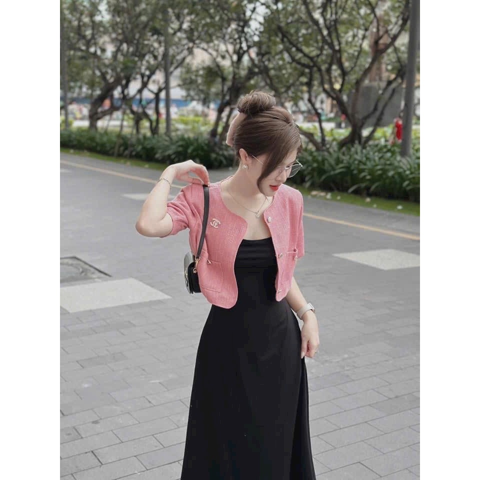 Set váy body 2 dây đuôi xòe dài kèm áo khoác vest croptop tay lỡ dễ thương