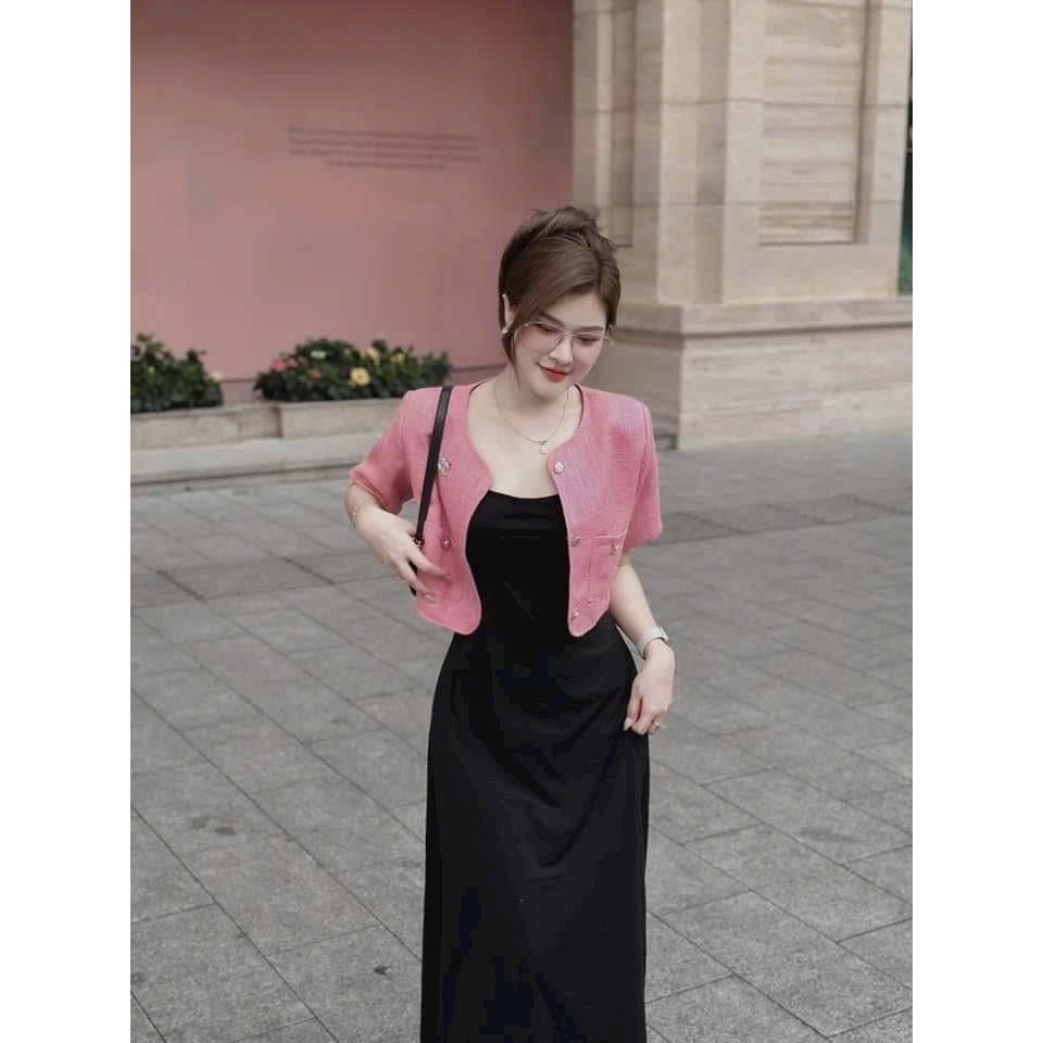 Set váy body 2 dây đuôi xòe dài kèm áo khoác vest croptop tay lỡ dễ thương