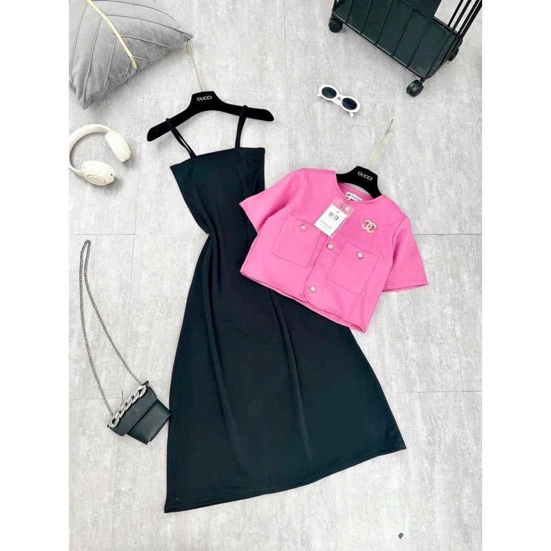 Set váy body 2 dây đuôi xòe dài kèm áo khoác vest croptop tay lỡ dễ thương