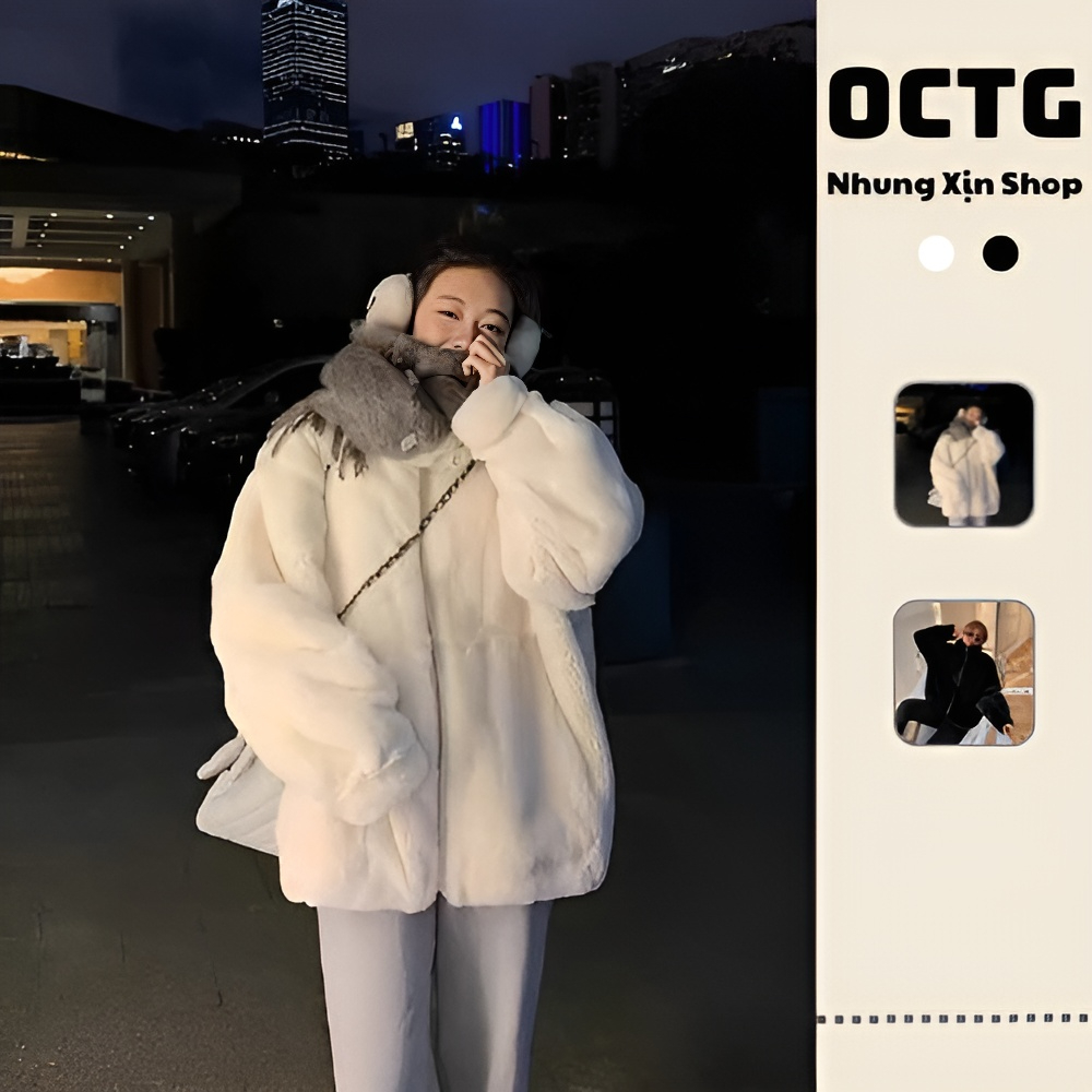 Áo khoác lông thỏ unisex form rộng thụng mềm mịn 2 lớp dày dặn ấm áp MÀU TRƠN phong cách Hàn Quốc