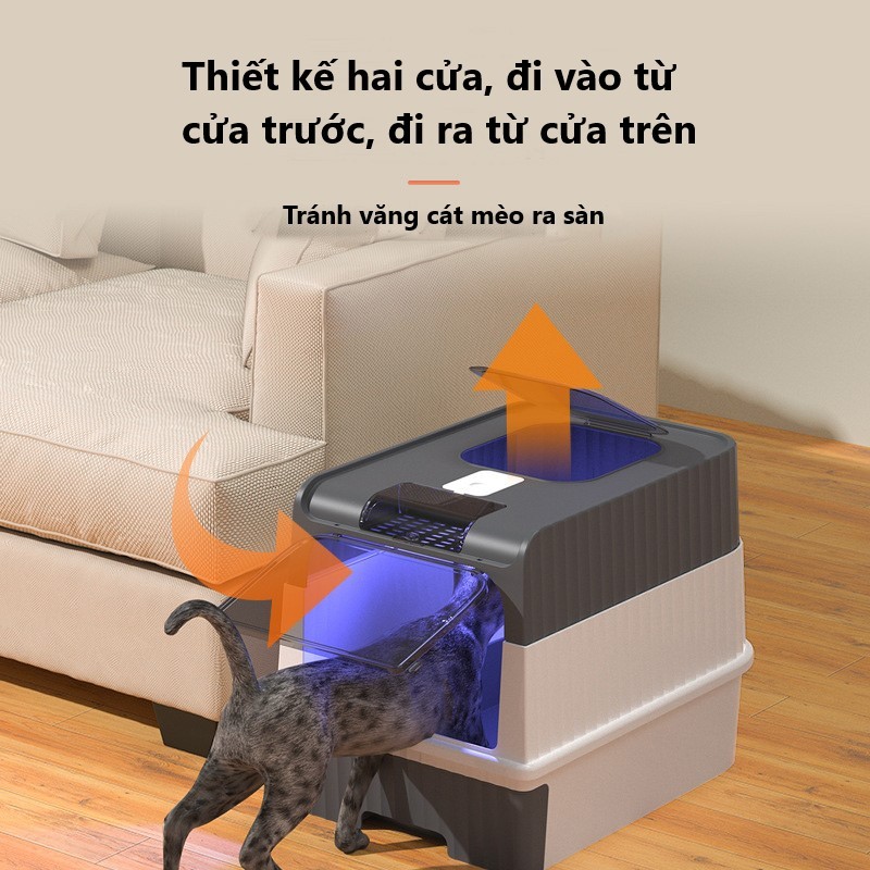 Nhà vệ sinh cho mèo NatSu Pet hai cửa có ngăn kéo chống văng cát đèn UV khử khuẩn tặng xẻng túi khử khuẩn