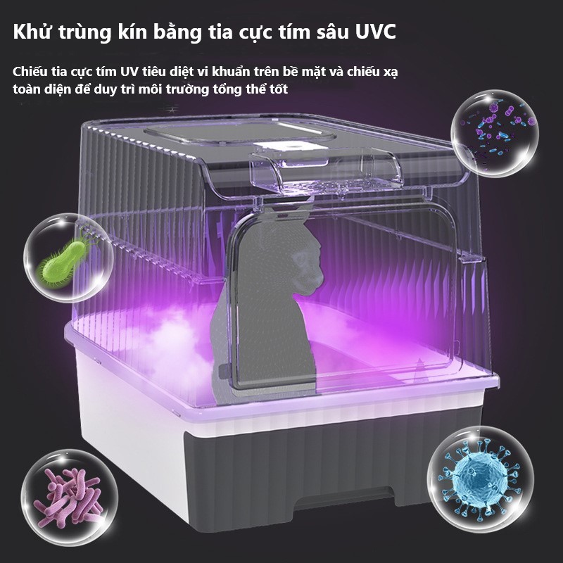 Nhà vệ sinh cho mèo NatSu Pet hai cửa có ngăn kéo chống văng cát đèn UV khử khuẩn tặng xẻng túi khử khuẩn