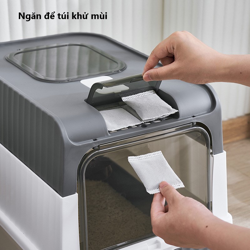 Nhà vệ sinh cho mèo NatSu Pet hai cửa có ngăn kéo chống văng cát đèn UV khử khuẩn tặng xẻng túi khử khuẩn