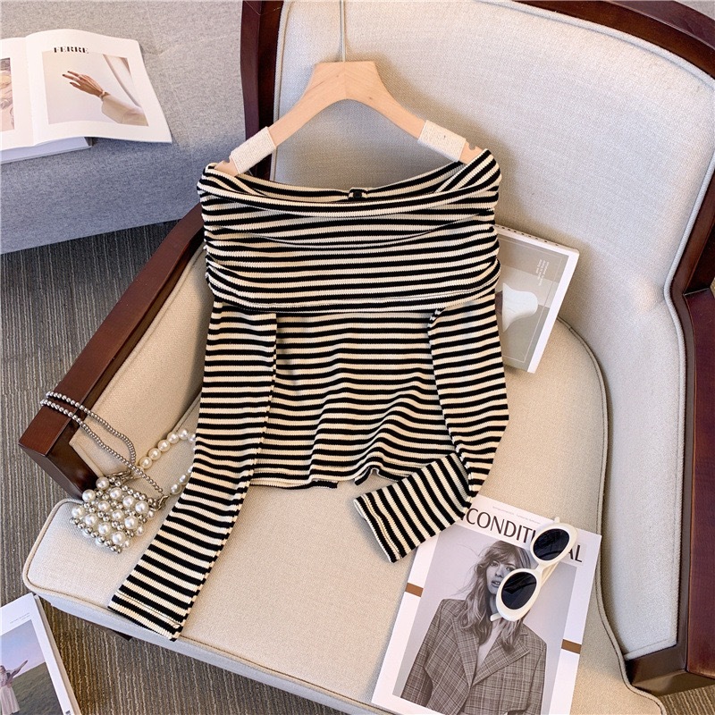 Áo Len Kẻ Trễ Vai Áo Len Kiểu Dài Tay Trễ vai Hàng QC