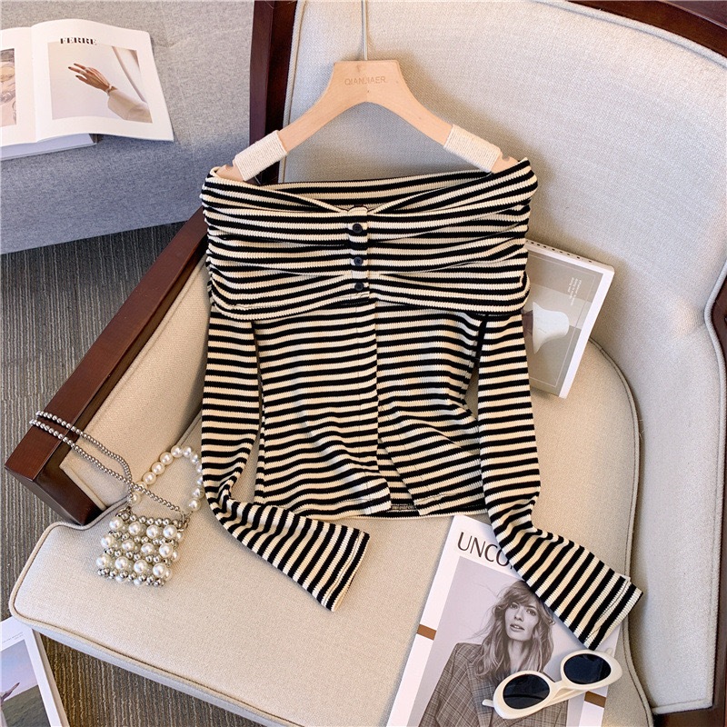 Áo Len Kẻ Trễ Vai Áo Len Kiểu Dài Tay Trễ vai Hàng QC