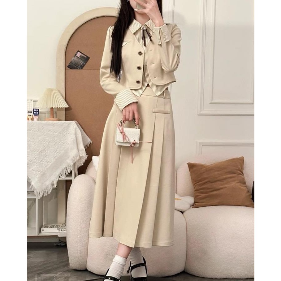 Set áo dài tay kèm chân váy xếp ly siêu xinh S.8747 dáng dài thanh lịch dày dặn sang trọng dự tiếc forgirl - BENNORA
