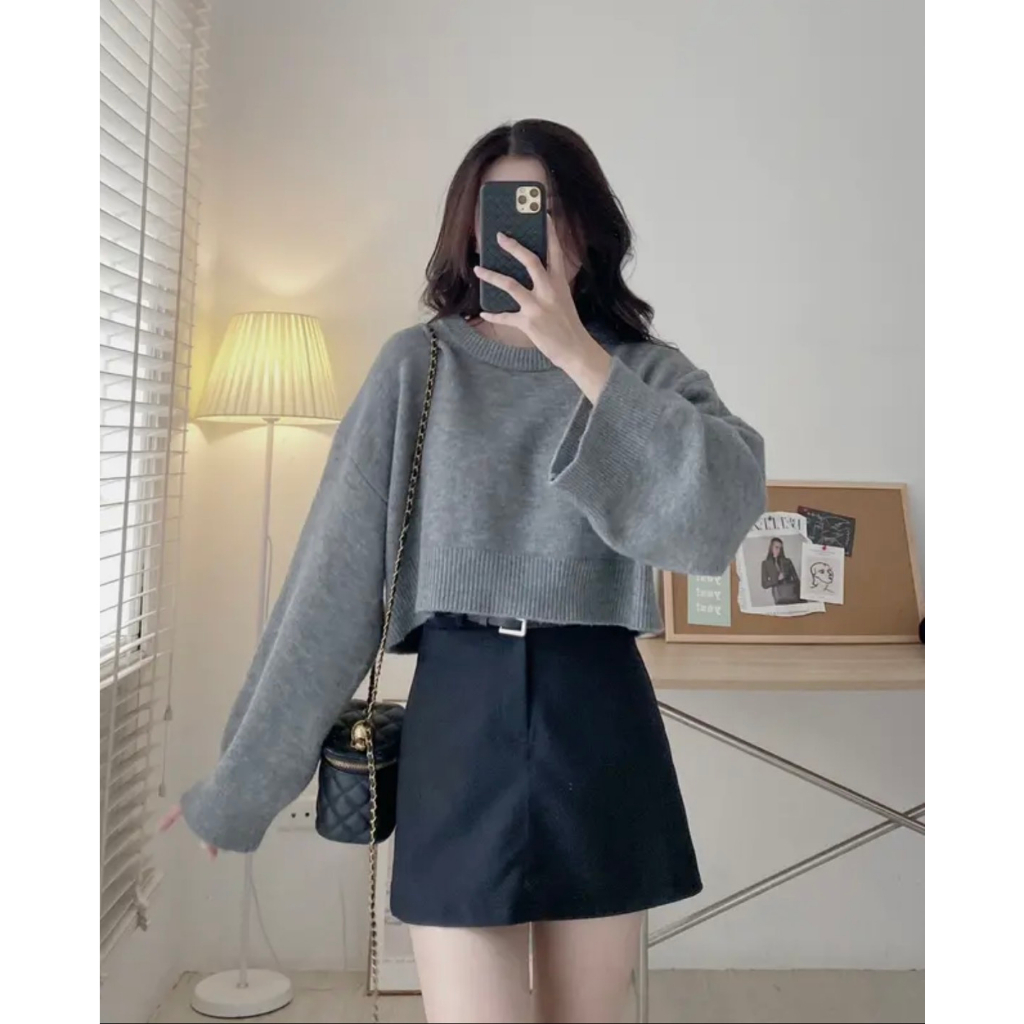 Áo len croptop trơn dài tay lông mịn cổ tròn Land Ping