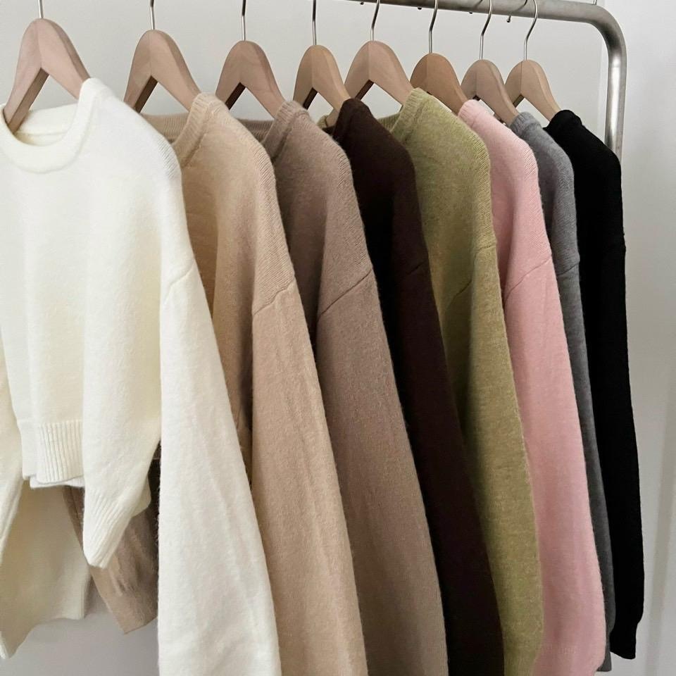 Áo len croptop trơn dài tay lông mịn cổ tròn Land Ping