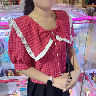 MS153 Áo sơ mi công sở nữ caro cổ sen bèo nơ, áo croptop nữ xinh áo nữ xinh bánh bèo