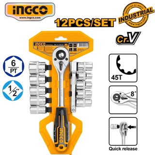 Bộ cờ lê 2 chiều tự động kèm 10 đầu tuýp 1/2" INGCO HKTS12122 bộ cần siết lực 2 chiều thép Cr-V chống rỉ sét, bền cứng