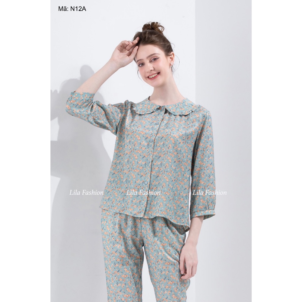 N12 Bộ đồ mặc nhà set đũi tơ dáng dài hoạ tiết hoa nhí cao cấp