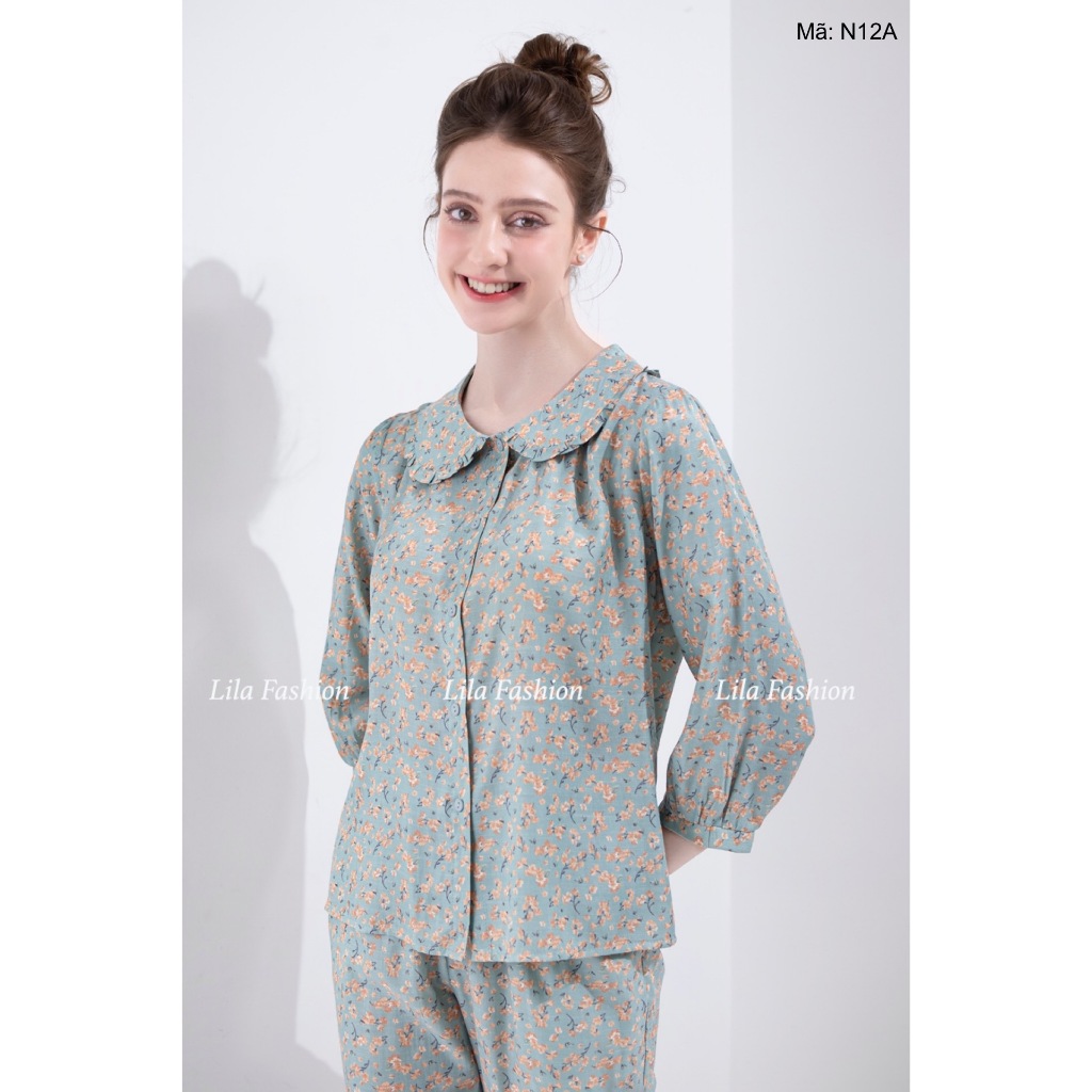 N12 Bộ đồ mặc nhà set đũi tơ dáng dài hoạ tiết hoa nhí cao cấp