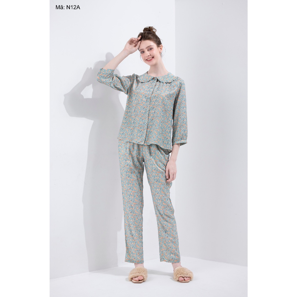 N12 Bộ đồ mặc nhà set đũi tơ dáng dài hoạ tiết hoa nhí cao cấp