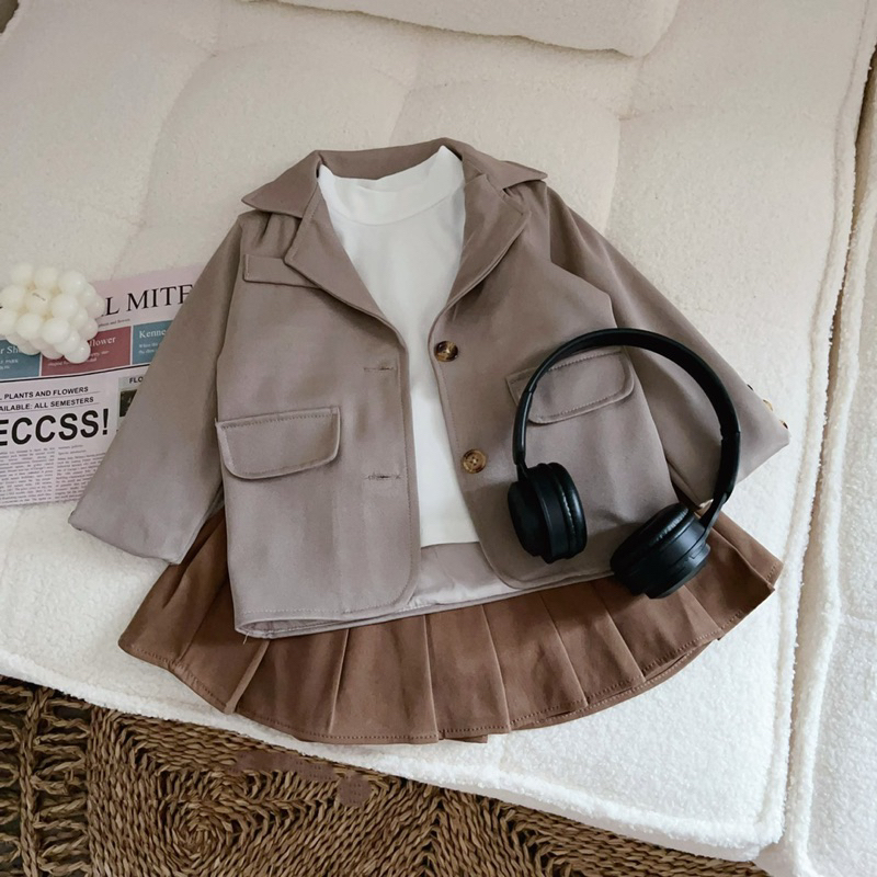 Bộ bé gái,Sét 3ct áo blazer - chân váy kèm áo cotton cho bé 10 đến 35kg