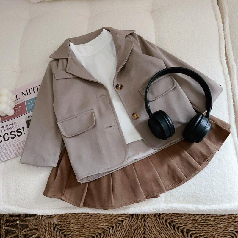 Bộ bé gái,Sét 3ct áo blazer - chân váy kèm áo cotton cho bé 10 đến 35kg