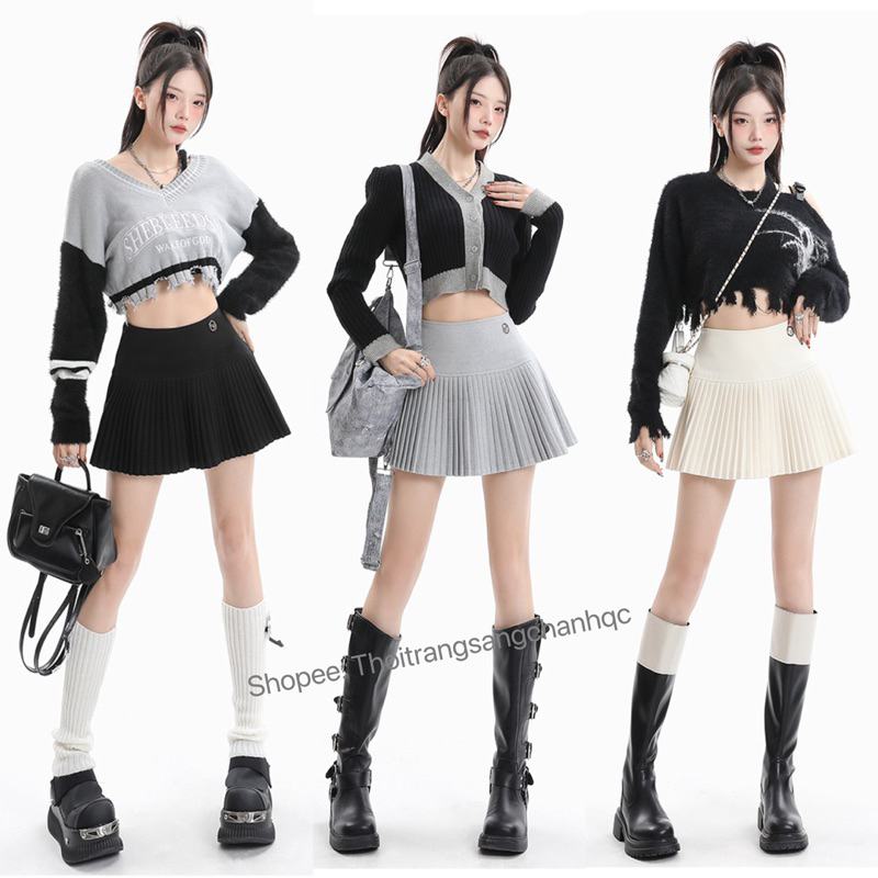 Chân váy xếp ly tennis dáng ngắn kèm cài chữ B có lót trong chất cao cấp qc