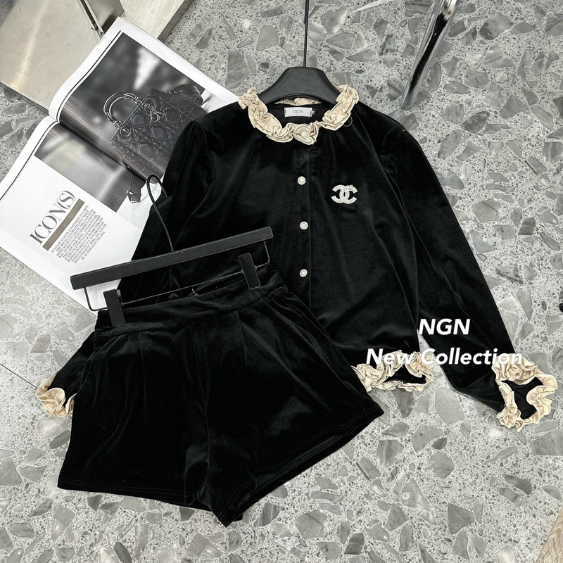 Sét áo nhung dài tay viền ren tag X + quần sooc