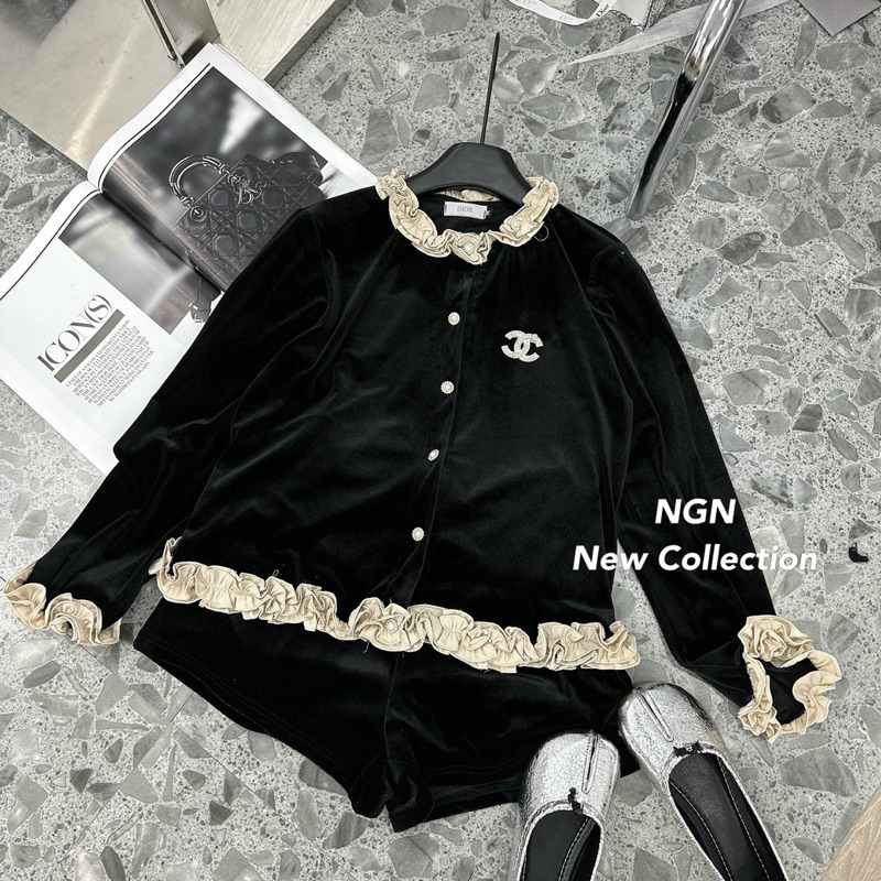 Sét áo nhung dài tay viền ren tag X + quần sooc