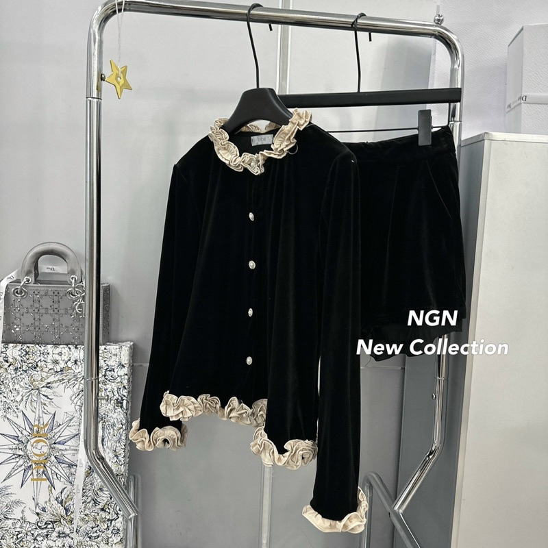 Sét áo nhung dài tay viền ren tag X + quần sooc